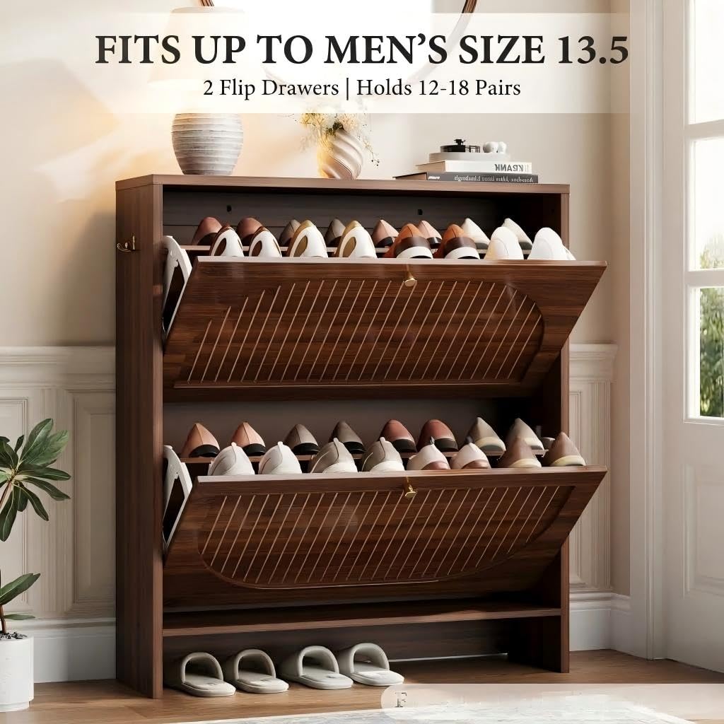 Arch-Chic Shoe Cabinet, Modern Mid-Century Shoe Storage Cabinet with Fluted, Narrow Shoe Rack with Adjustable