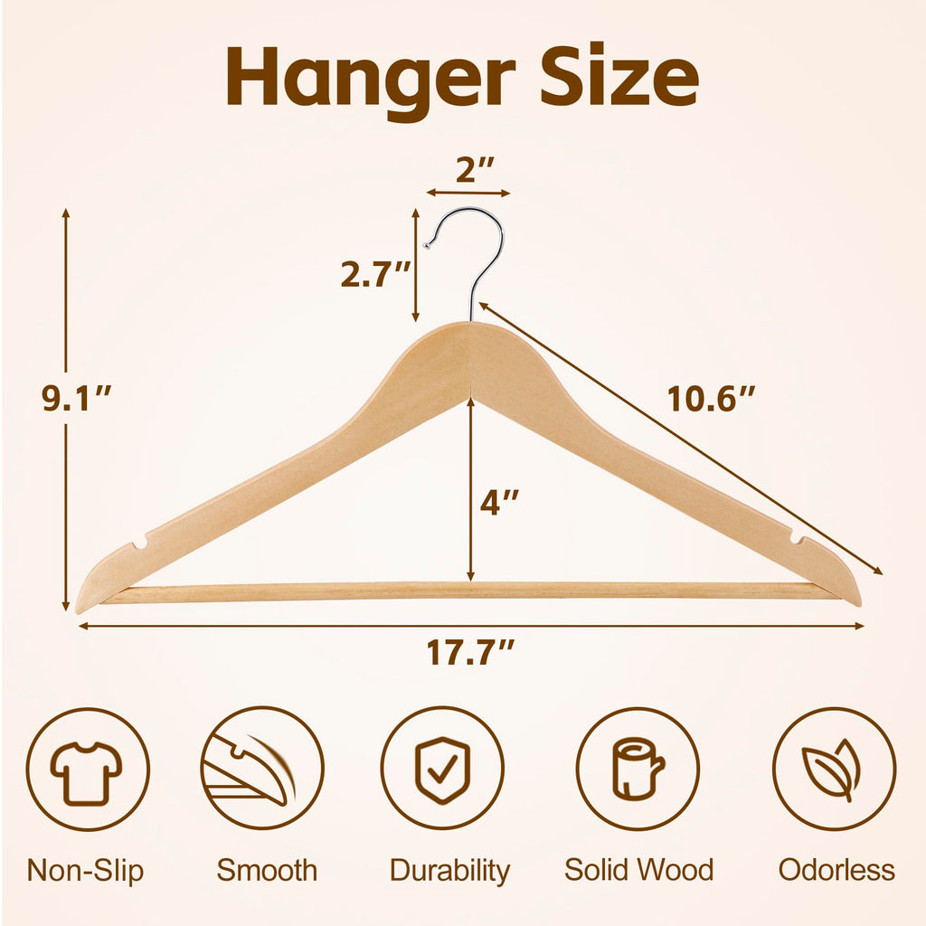 Wooden Hangers 50 Pack, Solid Wood Hanger with Non Slip Pant Bar