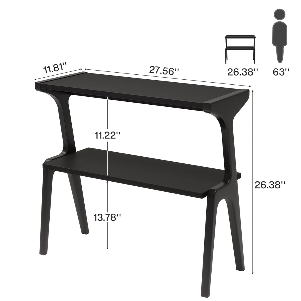 2-Tier Solid Wood Side Table, Modern Black End Table with Storage Shelves, Tall Slim Side Table for Couch with Unique