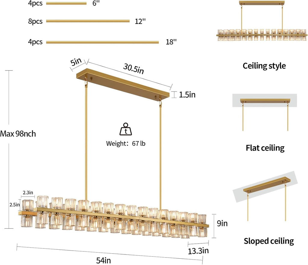 Crystal Gold Rectangular Chandelier for Dining Room,Modern Dining Room Chandeliers, 54in Chandelier Kitchen Island Chandeliers,Includes 60XG4 Bulbs A117-B0DWK3PCCM