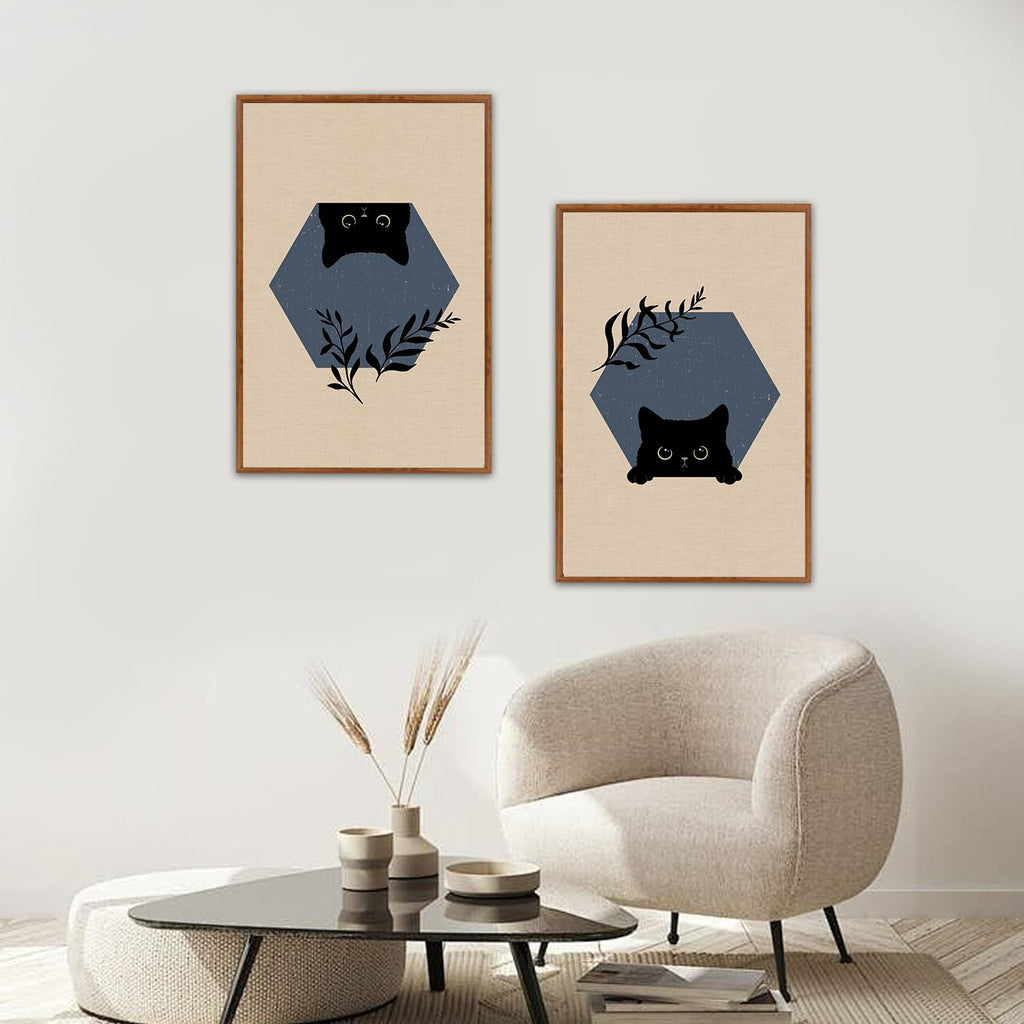 Boho Black Cat Framed Canvas Wall Art, Abstract Cute Animal Wall Decor, Modern Funny Kitty Painting, Beige Dark Leaves