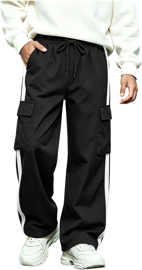 Boys Cargo Pants Baggy Wide Leg Elastic Waist Drawstring Chino Husky Pants
