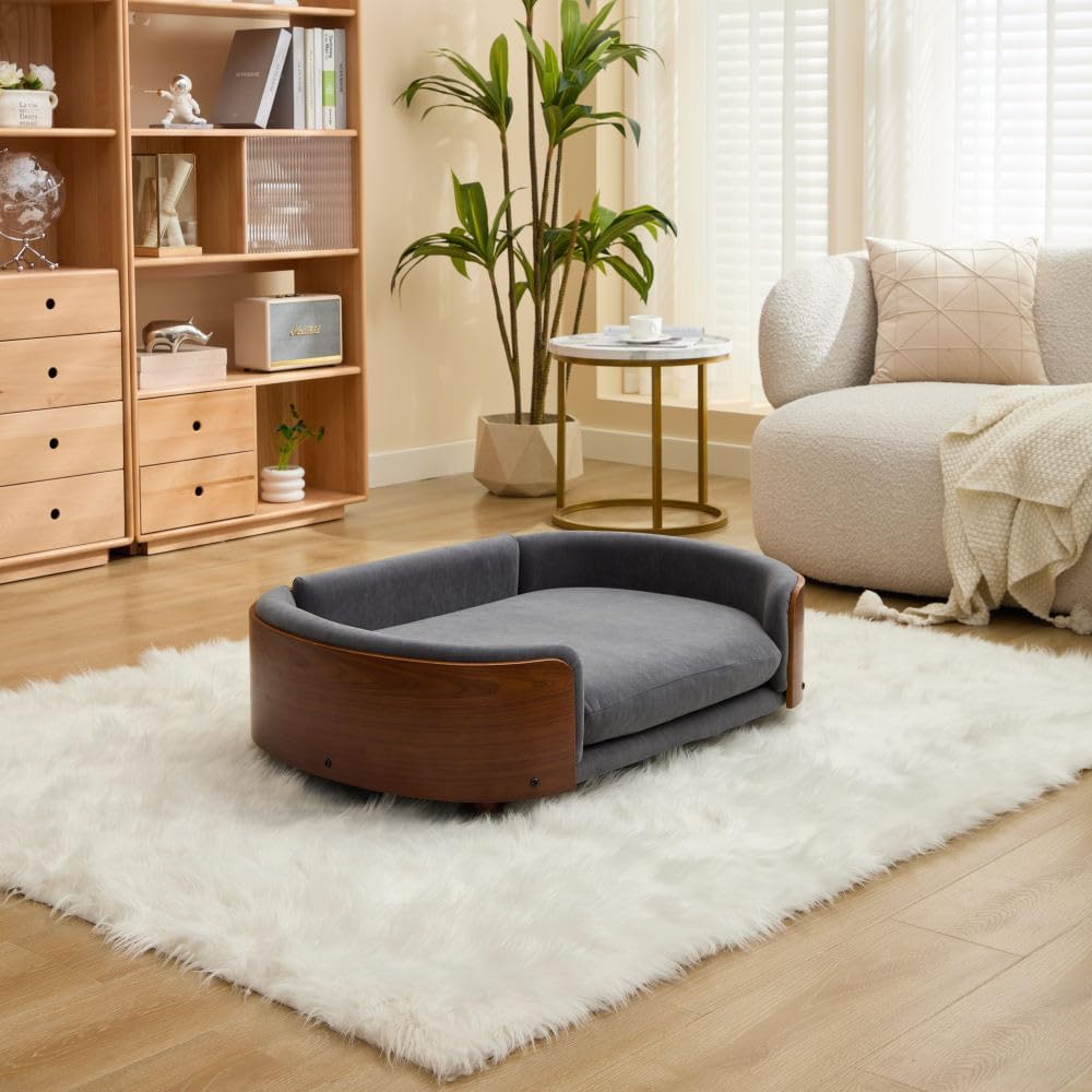 Dog Bed Scandinavian Style, Pet Sofa with Solid Wood Legs & Bent Wood Back, Velvet Cushion Dog Couch with Washable