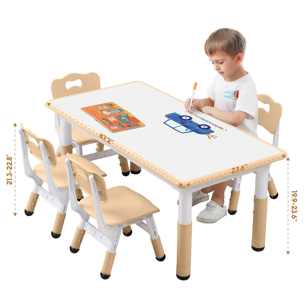 Kids Table and Chair Set Height-Adjustable Toddler & 6-Chair Set with Graffiti-Proof Desktop, Non-Slip Legs