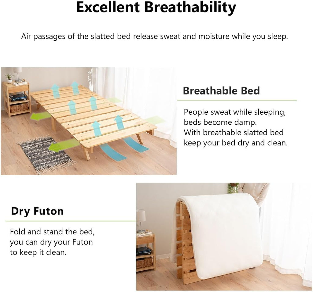 Foldable Wood Slatted Floor Bed Frame for Japanese Futon Mattress Solid Pine (Retro-Brown), Foldable and