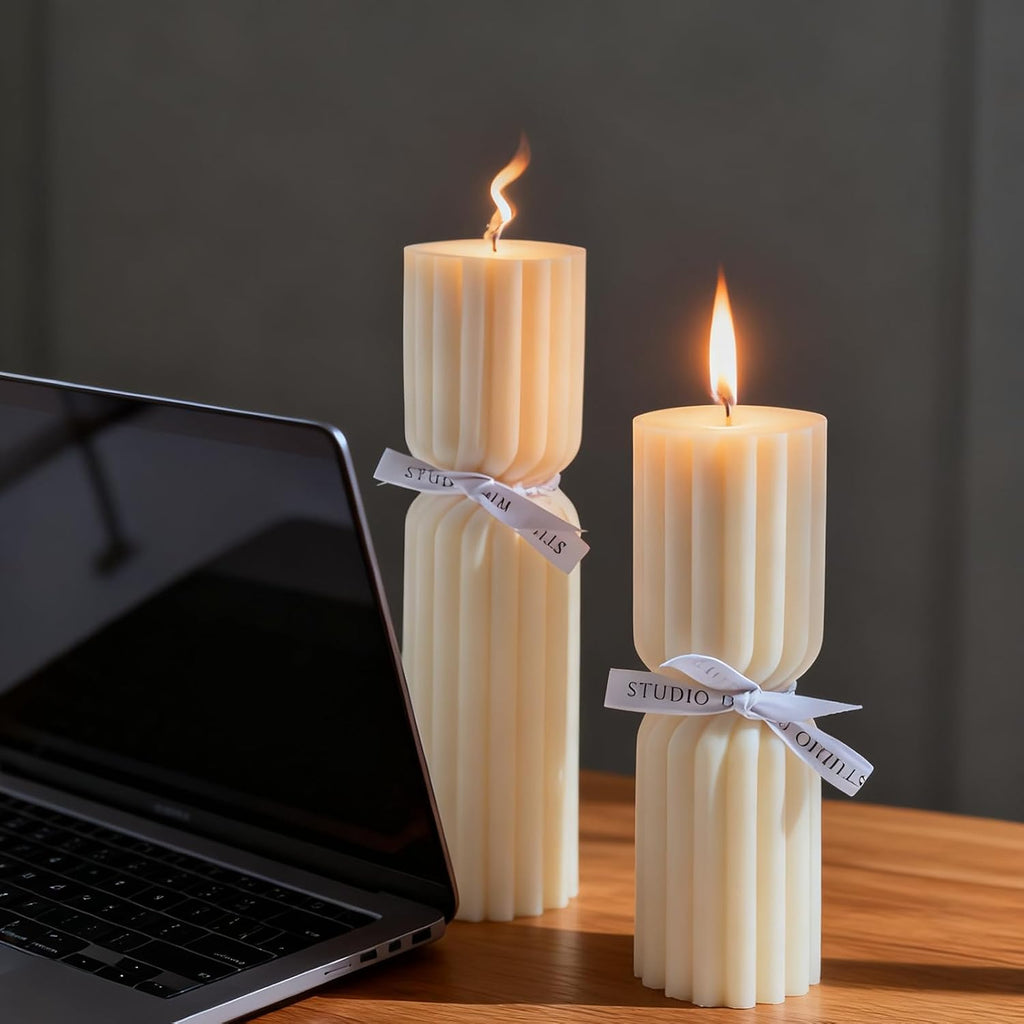 Ribbed Pillar Candles Handmade Soy Wax Scented Ribbed Candle,White - Set of 2