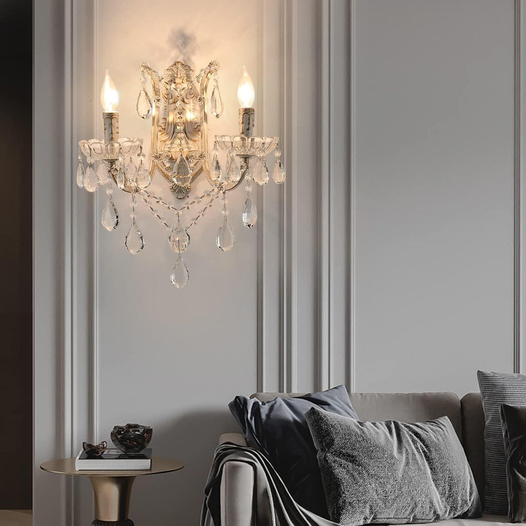 French Country Crystal Wall Sconce, 2-Light Distressed White Gold Candle Style with Teardrop Crystals, Hardwired