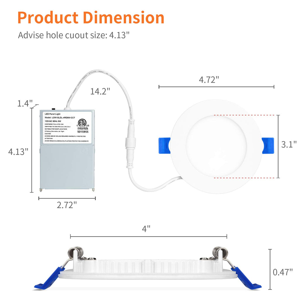 12 Pack 4 Inch 3CCT LED Recessed Lighting, Canless Wafer Downlight