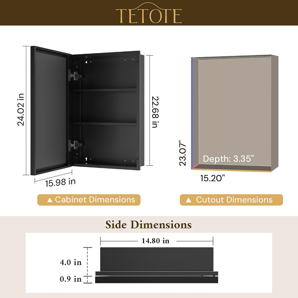Medicine Cabinet Mirror 16" x 24" Black Aluminum Frame Medicine Cabinet with Beveled Mirror, Stepless Adjustable