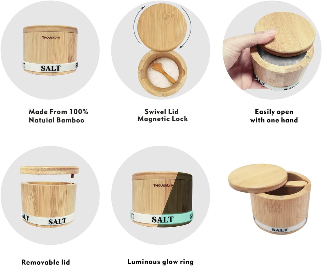 Salt Cellar with Lid, Bamboo Wood Salt Containers for Countertop