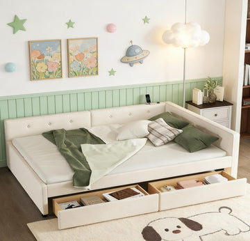 Queen Corner bedframe with 2 Drawers and USB,Upholstered daybed with Storage, L-Shape daybed Living Room, Beige + Linen