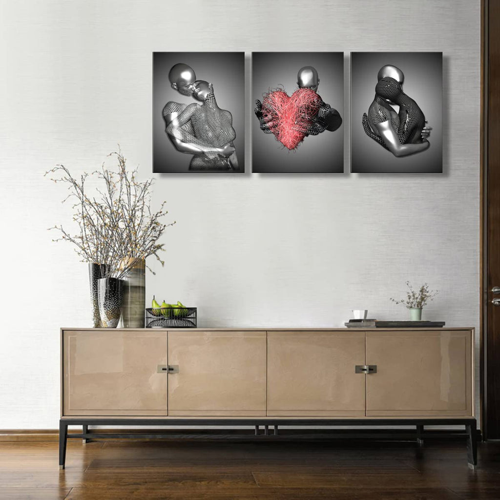 Framed 3 Pcs Love Heart 3d Wall Art Metal Sculpture Romantic Couple Abstract Art Prints Posters Decor Grey Black and