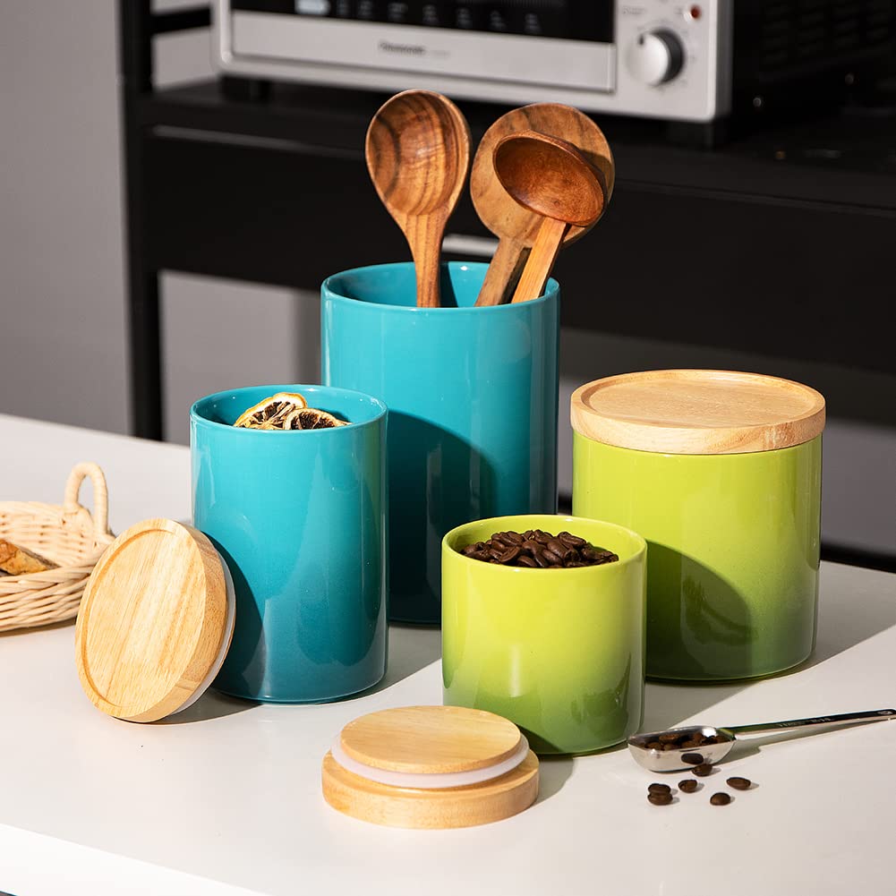 Ceramic Food Storage Jar, Stackable Kitchen Canisters, Containers with Airtight Seal Wooden Lid for Serving Ground
