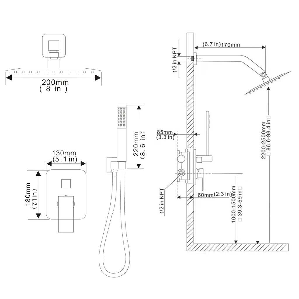 Shower Faucet Set Polished Chrome 8inch shower system with handheld