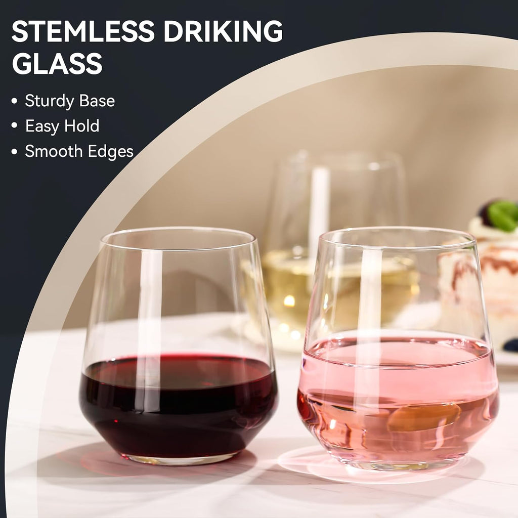 Stemless Wine Glasses Set of 6 - 18oz Modern Crystal Glass, Lightweight & Dishwasher Safe | Red & White Wine Glasses
