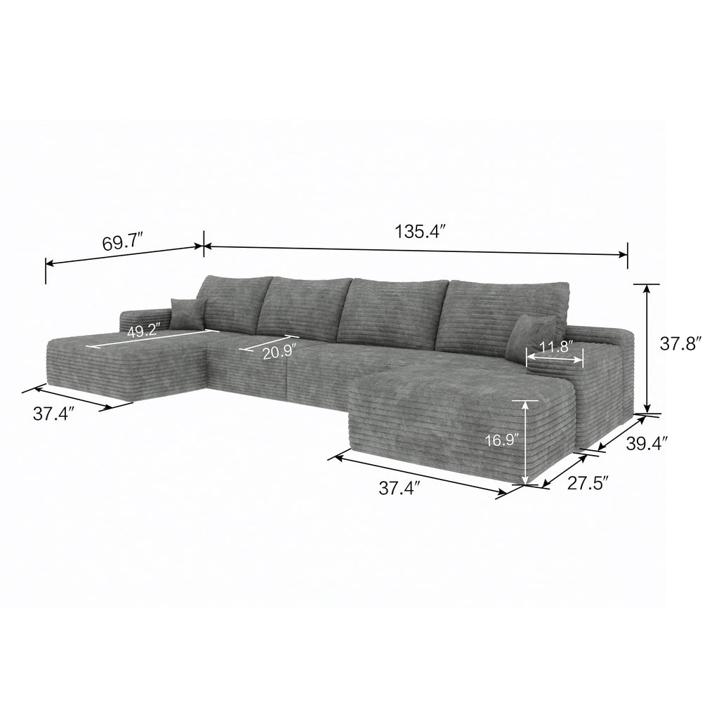 135" U Shaped Sectional Couch with Ottoman, Large Sectional Couches, Plush Corduroy Convertible Sleeper Sofa