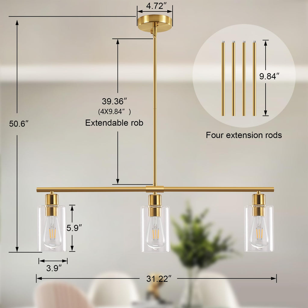 Kitchen Island Lighting, Linear Chandeliers Rectangle Pendant Light Fixtures Farmhouse Hanging Light with Glass