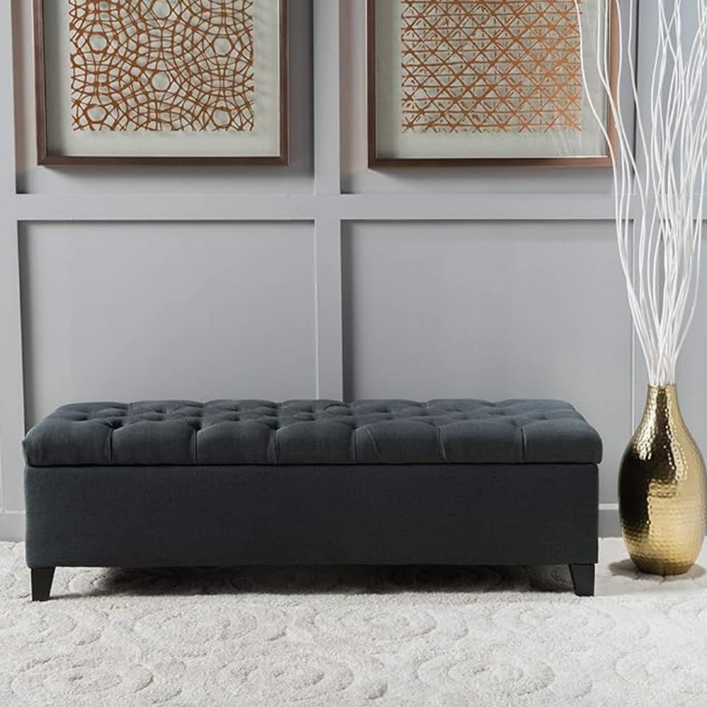 Storage Ottoman Bench End of Bed, Gray Ottoman with Pressure Hinges, Benchs Seating with Storage, Button Tufted Bench