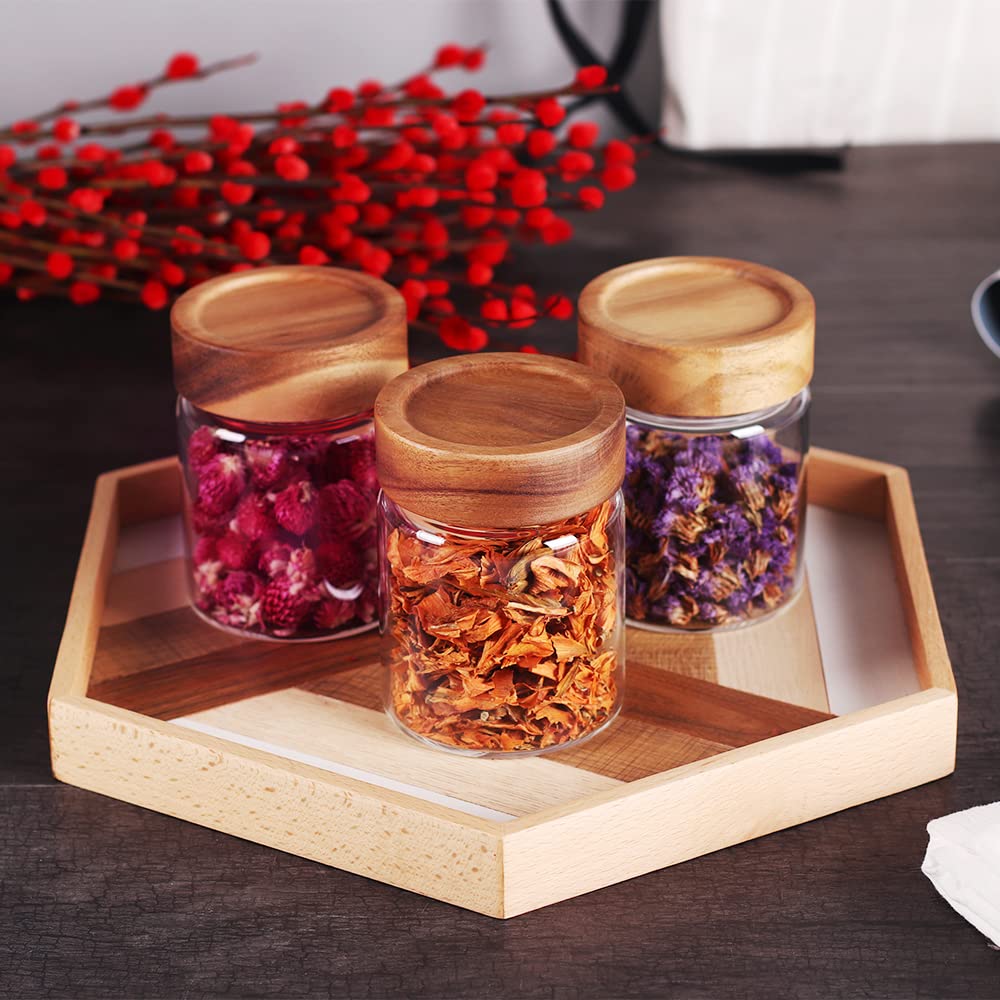 3 Packs Glass Food Storage Jars with Screw Airtight Seal Acacia Wood Lids, Spice Jars with Lids, Organization for Jars