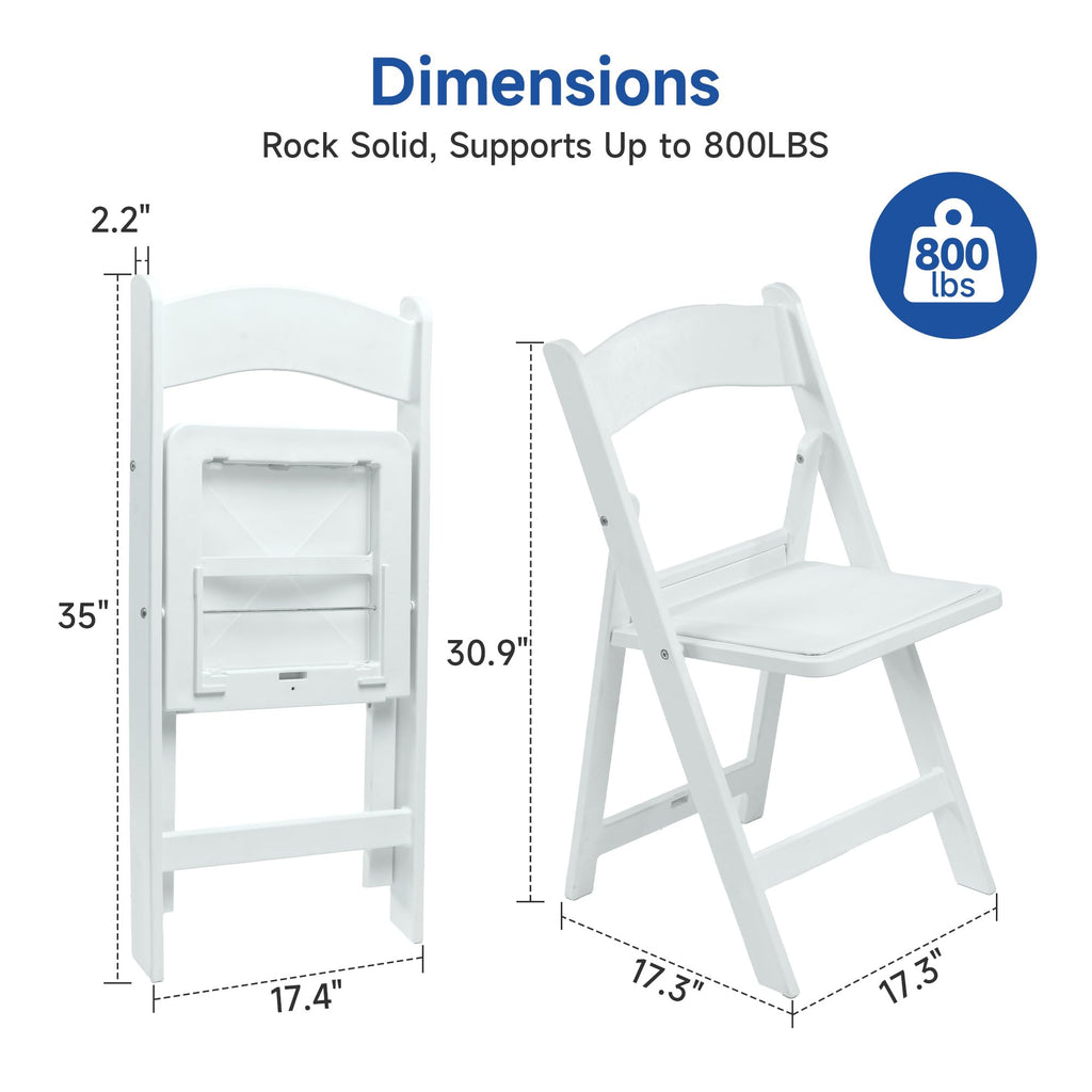 White Resin Folding Chairs with Padded Seats, 10 Pack