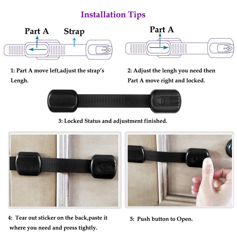 8 Pack Black Child/Baby Safety Cabinet Locks - Adjustable Strap Baby Proof Latches with No Trapped Fingers for