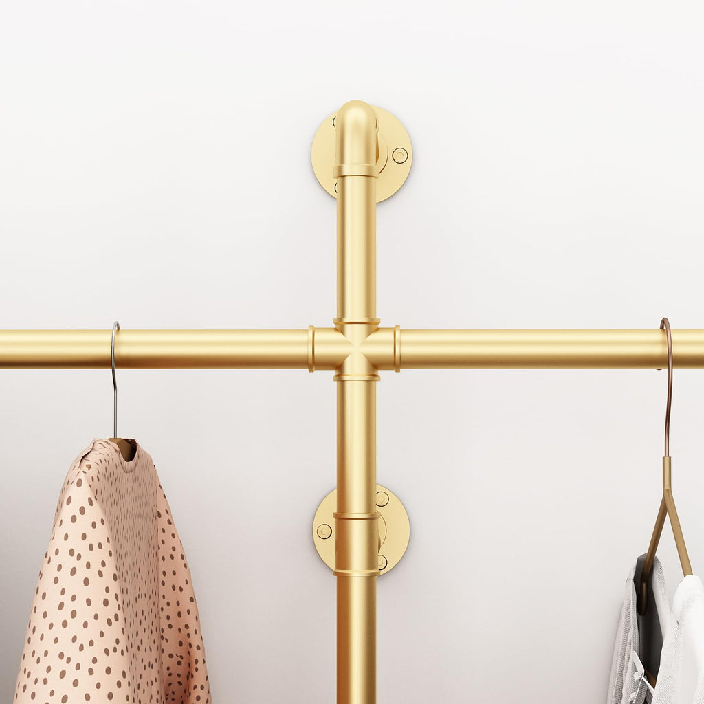 Industrial Pipe Clothing Rack, Heavy Duty Clothes Rack with Double Rods for Hanging Clothes, Wall Mount Space-Saving