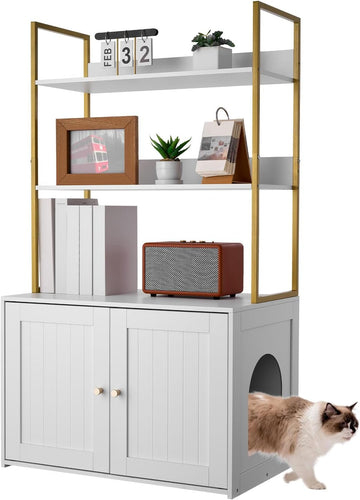 Cat Litter Box Enclosure Furniture, 27.6 in Hidden Litter Box Cabinet with Metal Legs & 2-Tier Storage Shelves