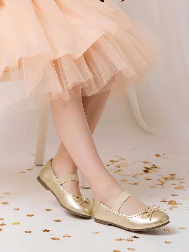 Girls Dress Shoes Bow Ballet Flats Elastic Strap Slip on Mary Jane Shoes Wedding Party Flats for Little/Big Kid