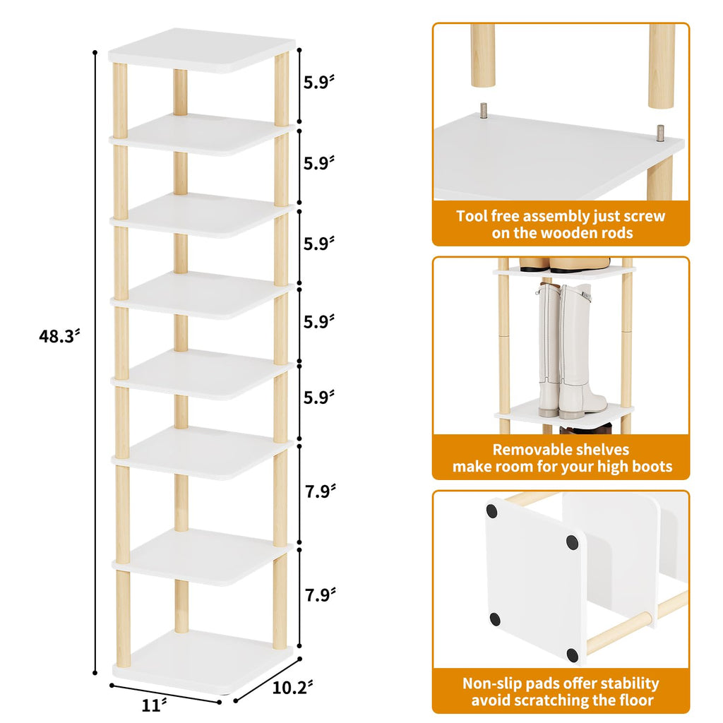 8 Tiers Vertical Shoe Rack, Tall Narrow Shoe Tower, Corner Shoe Rack, White