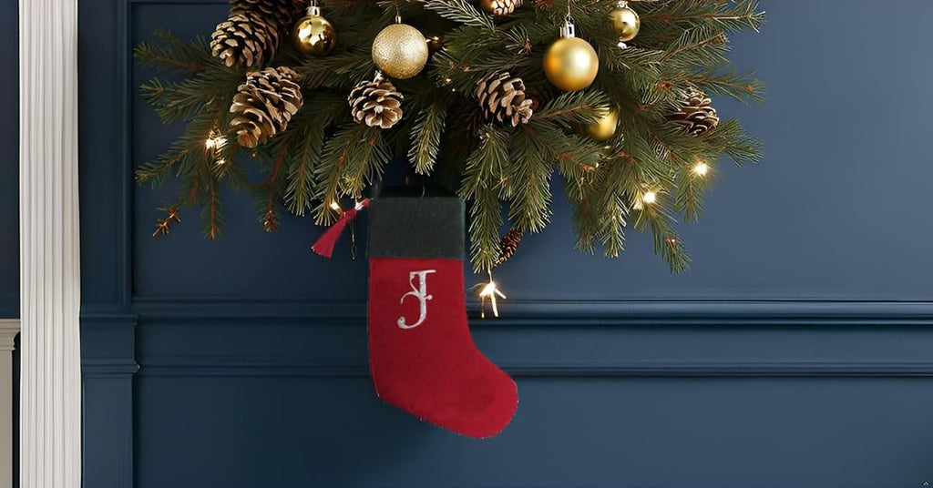 Red and Green Velvet Rhinestone Monogram Christmas Stocking - J