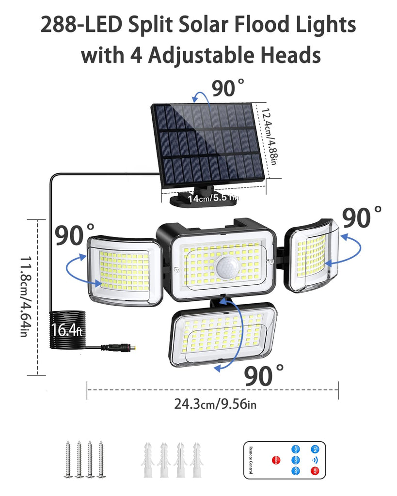 Solar Outdoor Lights Motion Sensor 288 LED Solar Security Lights with Remote Control IP67 Waterproof 4 Heads