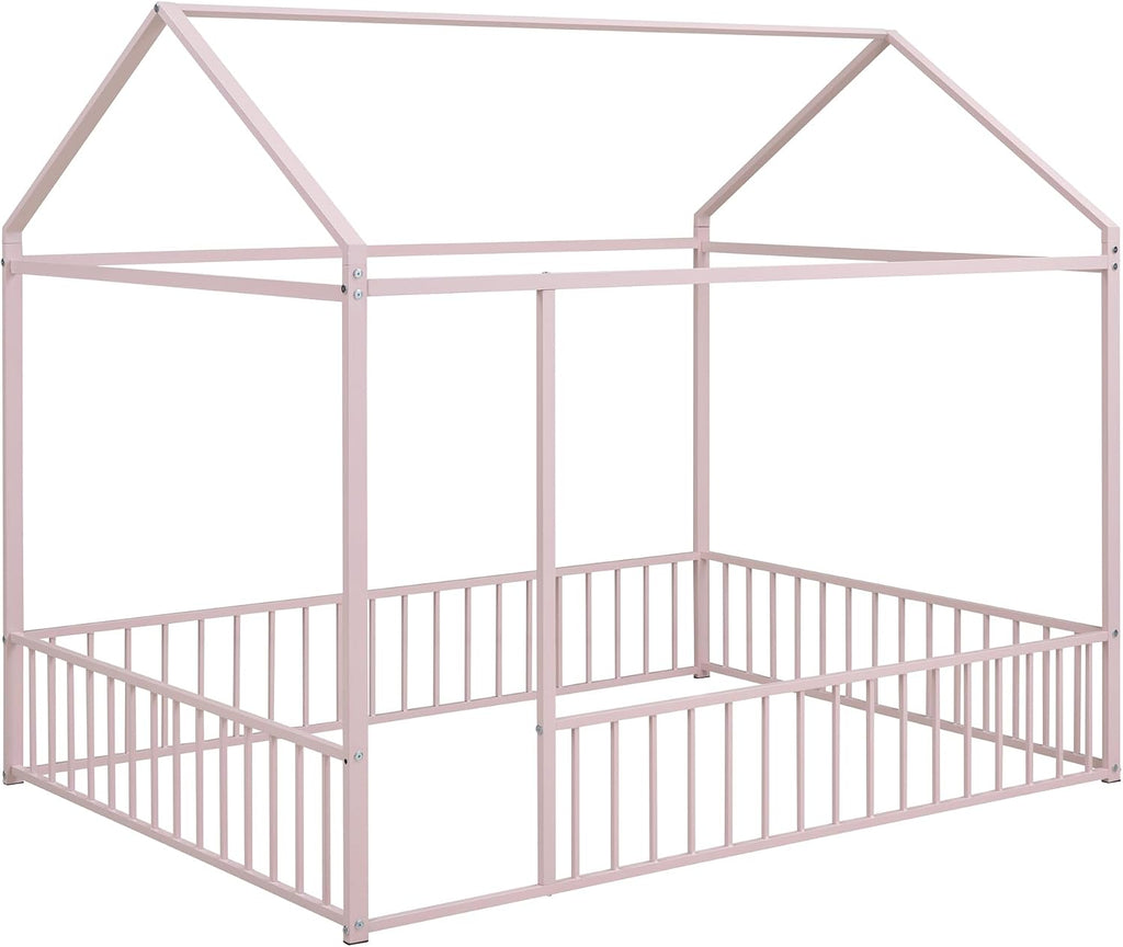 Floor Bed Frame with 13.2" HFull-Length Guardrails & Roof, Metal Montessori Floor Bed with Low