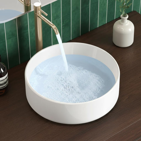 KES Round Vessel Sink, Bowl Sinks for Bathrooms 16 Inch Sink Bowl Above Counter Small Circular White Ceramic Vessel