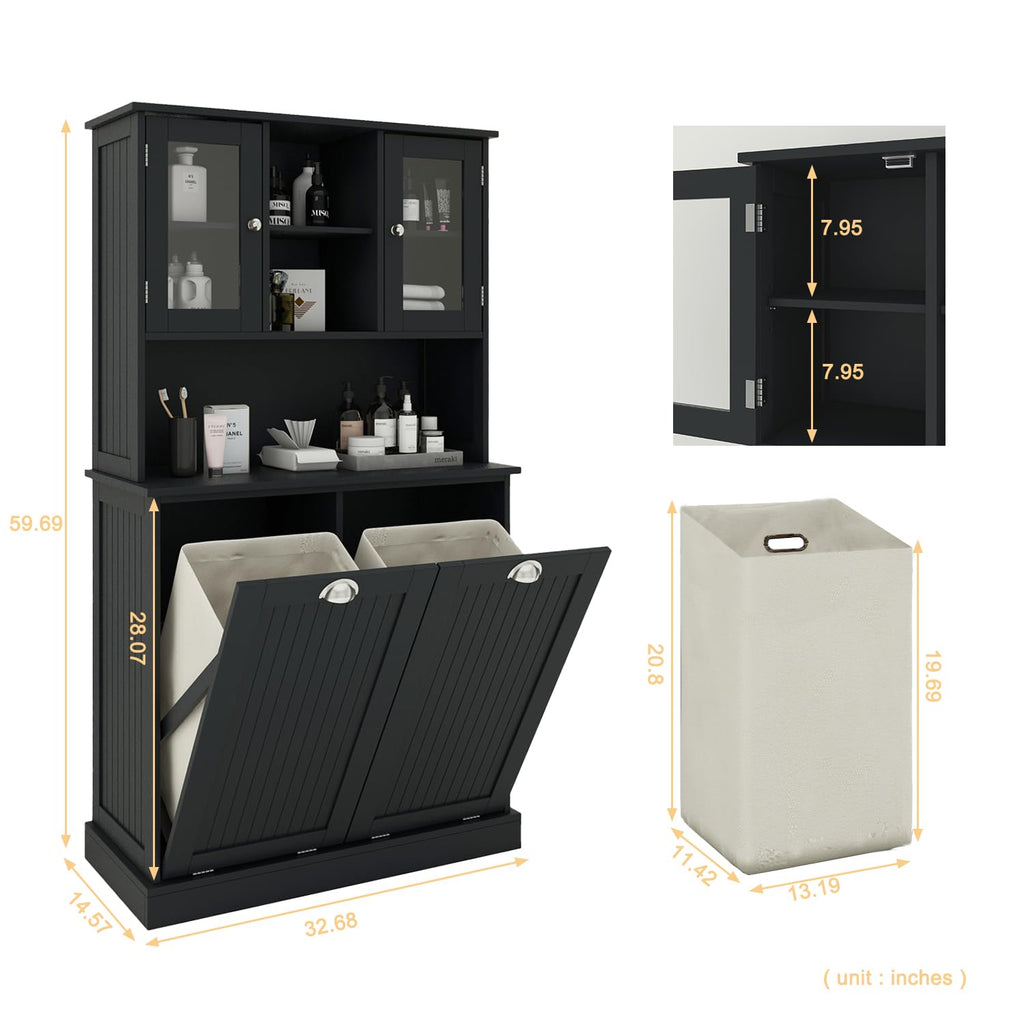 Tall Tilt Out Laundry Hamper Cabinet with 2 Removable Baskets, Laundry Room Cabinets and Storage Furniture with