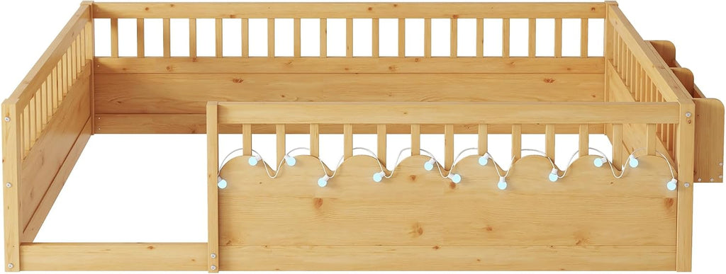 Floor Bed w/Light & Storage, Wood Montessori Platform Bed Frame w/Safety Rails, Space Saving Kids Beds for
