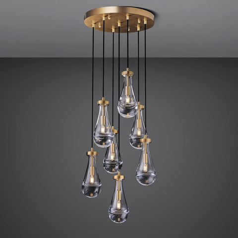 Raindrop Pendant Lights Kitchen Island Teardrop Gold Hanging Light Fixtures Clear Solid Glass Pendant Light Modern Chandeliers for Dining Room Porch Corridor Living Room (7-Light) A121-B0CJF625HL