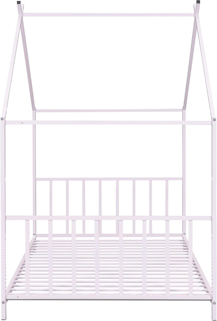 Kids Montessori Floor Bed, House Bed Frame with High Headboard, Floor Bed with Roof for Boys Girls, Floor Bed