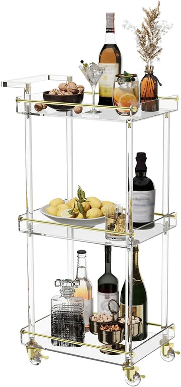Acrylic Bar Cart, Rolling Serving Cart with Gold Edge, Handle | 3 Tier Clear Home Bar Cart Small Bar Cart with