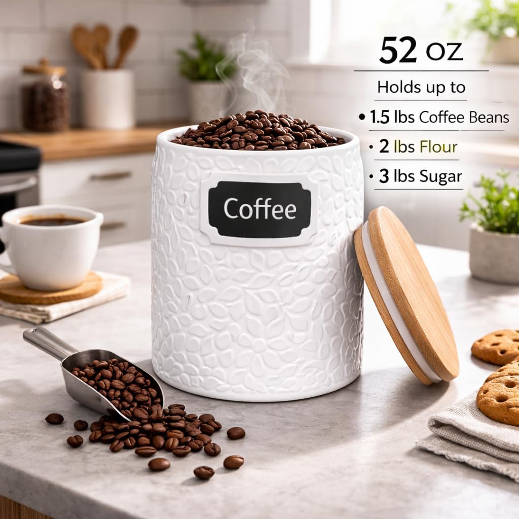 Ceramic Canister for the Kitchen (52oz/1537ml) - Airtight Kitchen Counter Storage with Bamboo Lids, Decorative Flour