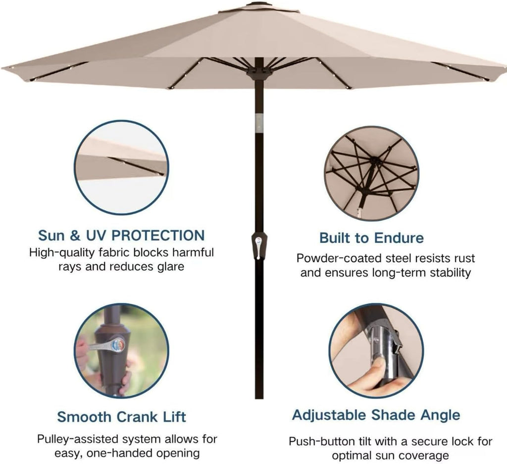 9' Solar LED Patio Umbrella with Tilt & Crank|8 Sturdy Ribs,UV Protection,Outdoor Market Table Umbrella
