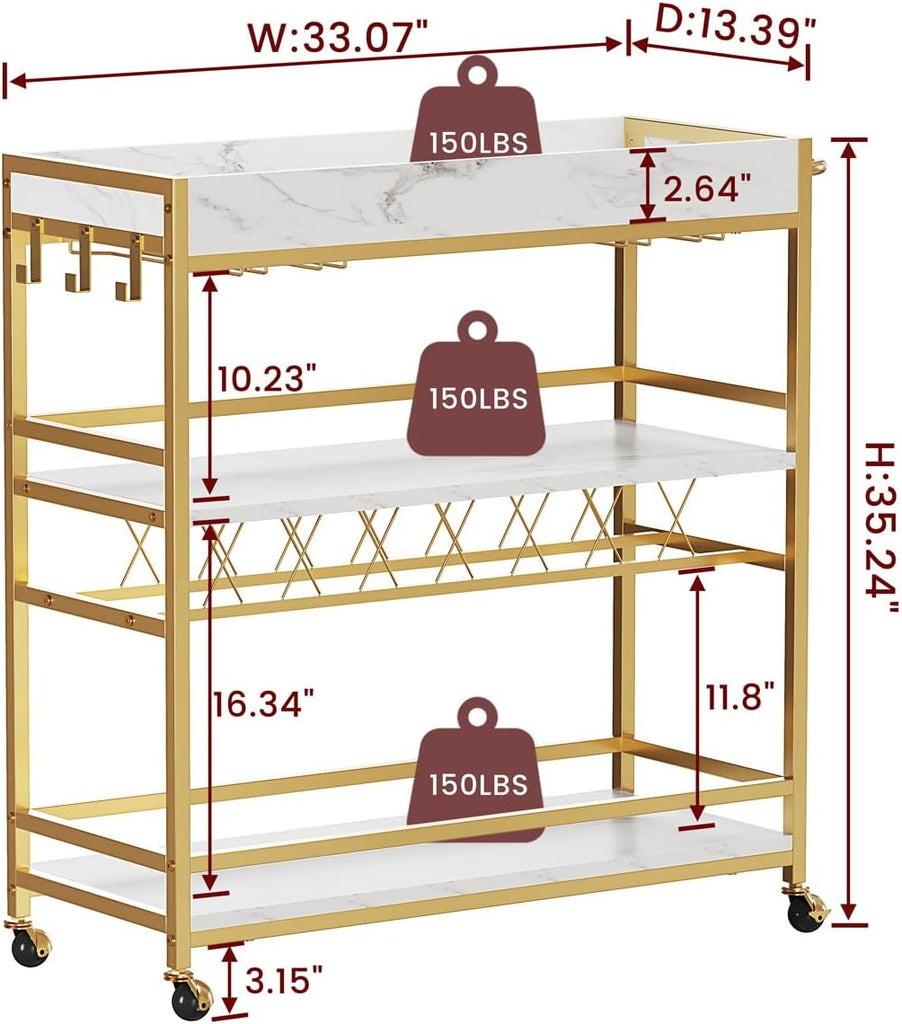 Gold Bar Cart on Wheels with Wine Rack & Glass Holders | 3-Tier, Rolling Serving Cart for liquor, Wine and Beverages