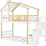 Wood Twin House Bunk Bed with Stairs, Kids Twin Bed Frame with Window and Roof
