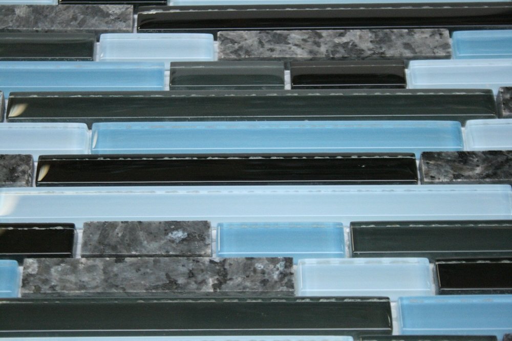 Random Brick Pattern Glass Wall Tile (Black, Gray & Blue Glass with Blue Pearl Granite)