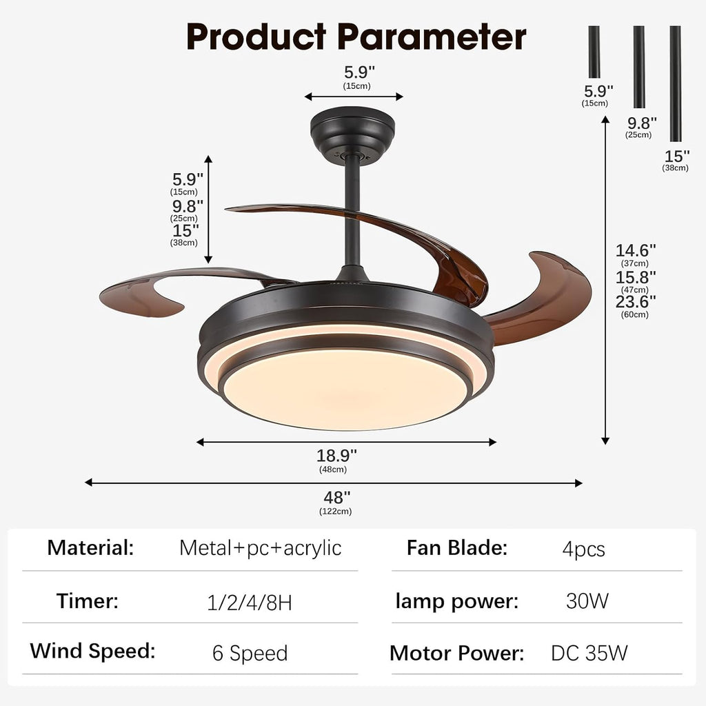 48" Modern Retractable Ceiling Fans with Lights - Black