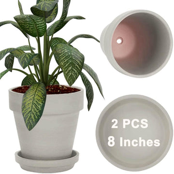 Gray 8 Inch Terracotta Pot for with Drainage - 2 Pack Large Terra Cotta Plant Pot with Saucers, Flower Clay Pot with