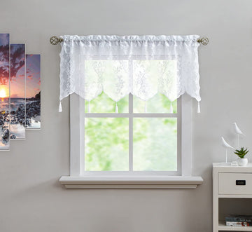 White 54" x 22" Lace Kitchen Valance with 6 Tassels, Luxury Window Treatment