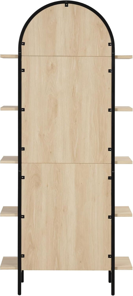 Amara Bohemian 5-Shelf Etagere Bookcase, Rattan Open Bookshelf with Arch Top, Light Oak/Matte Black
