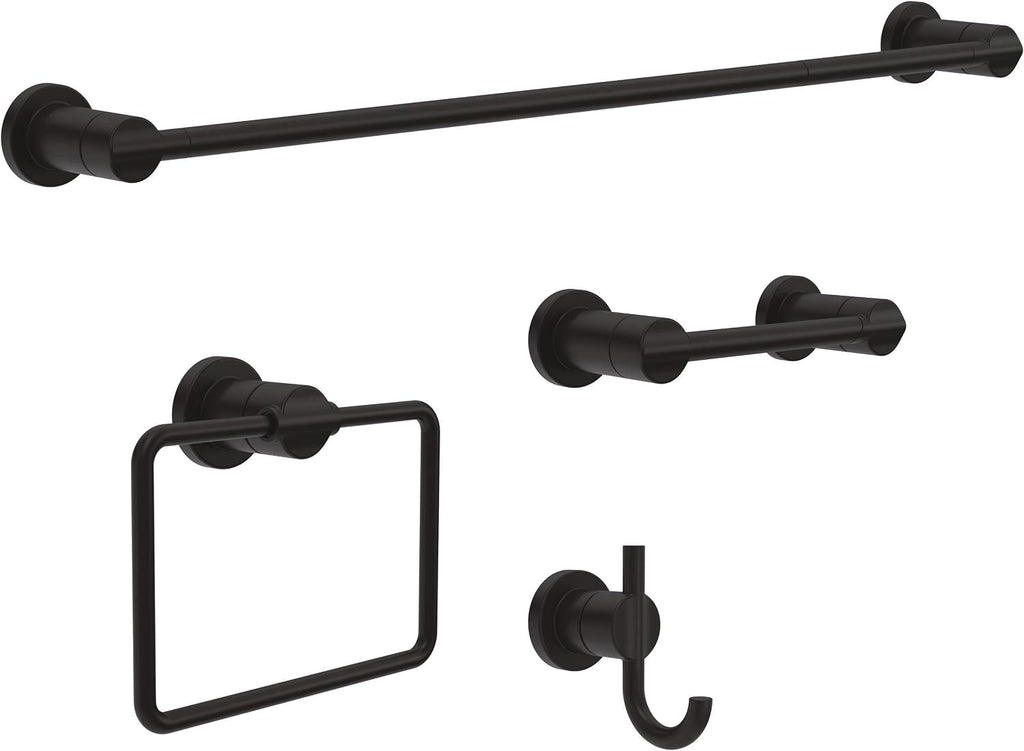 4-Piece Matte Black Bathroom Set Towel Rack, Ring, Toilet Paper Holder, Hook | Nicoli Bath Accessories