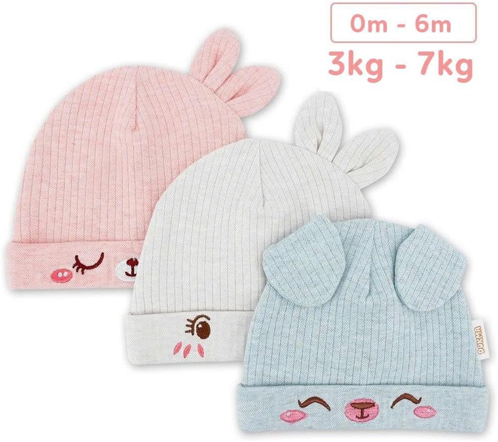 Organic Cotton Toddler Hat Set 3 Cute Animal Ears Design, Beanies for Baby Boys and Girls 0-6 Months, Pink