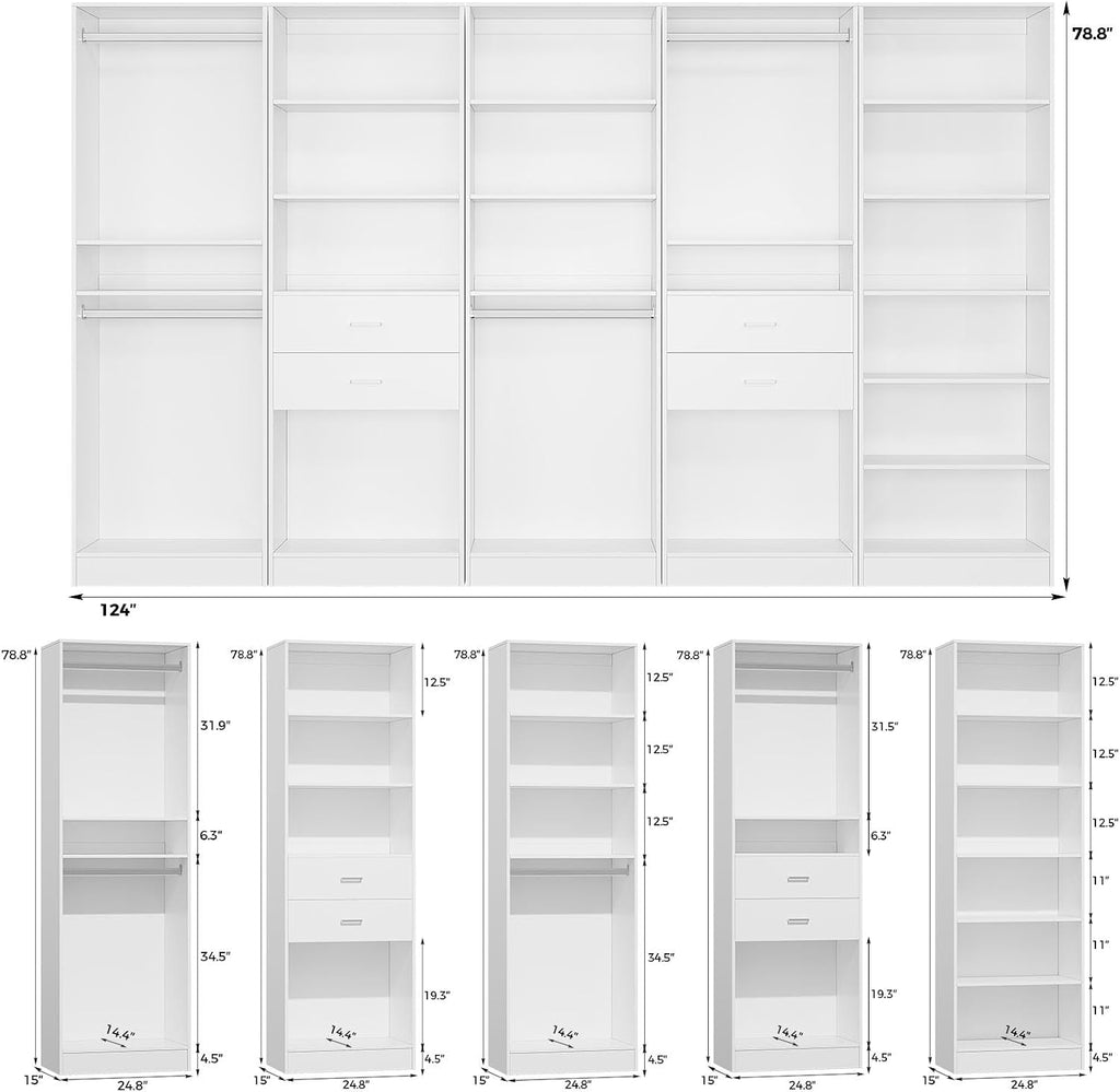 50'' Closet Organizer System with 10 Adjustable Shelves | Modular Closet Open Shelving 15" Deep Wooden Closet Systems
